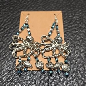 Octopus Earrings with Silver & Blue Accents Boho beach.